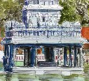 Zeichnung eines indischen Tempels mit Teich
