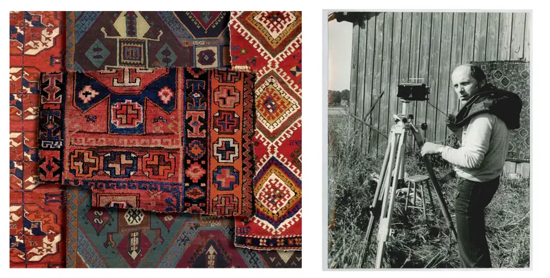 Collage mit einem Teppich und einem Mann, der hinter einer Kamera steht