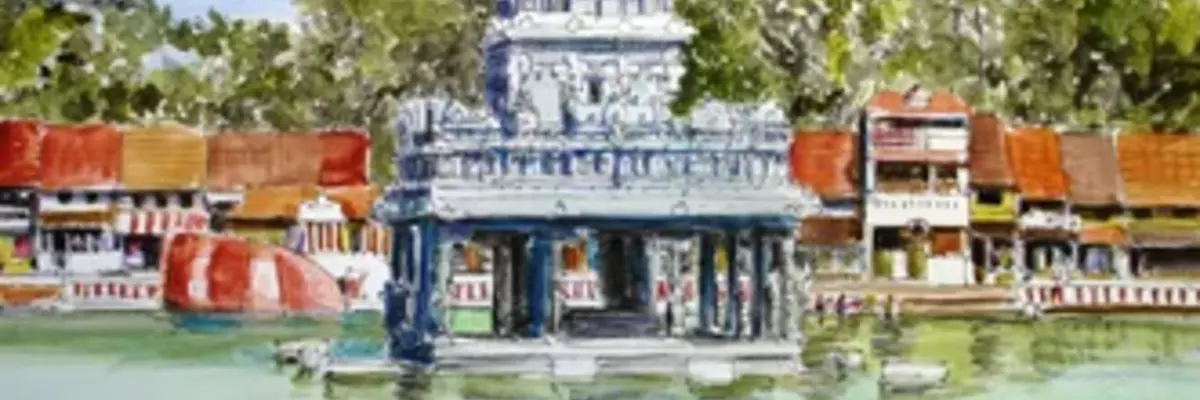 Zeichnung eines indischen Tempels mit Teich